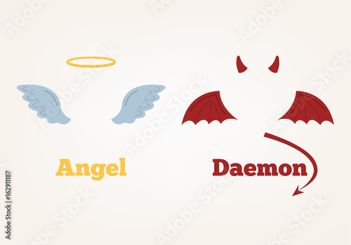 Angel and devil suit elements. Good and bad. Vector flat cartoon illustration
