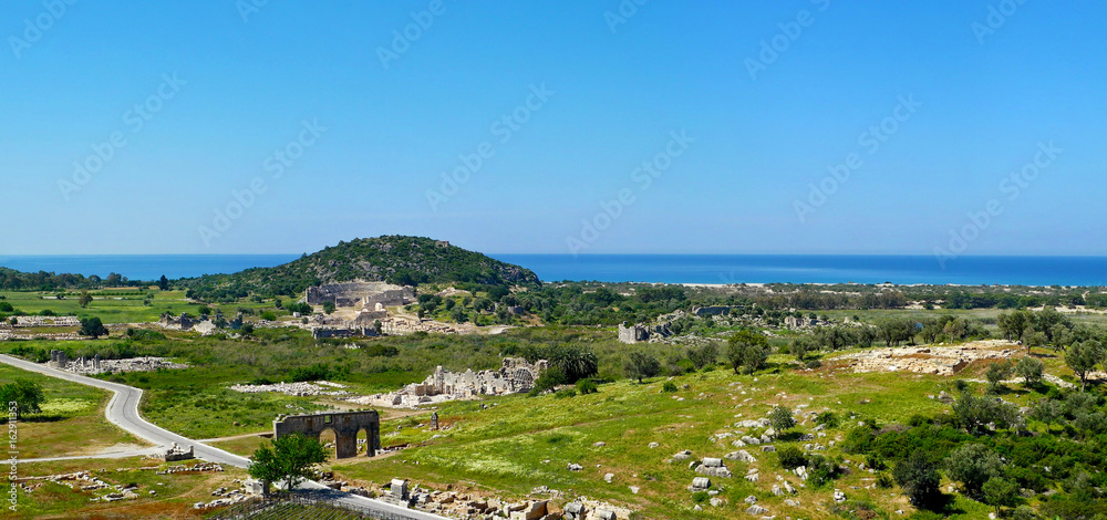 Panoramic view of the antique ruins in Patara, Antalya province, Turkey.