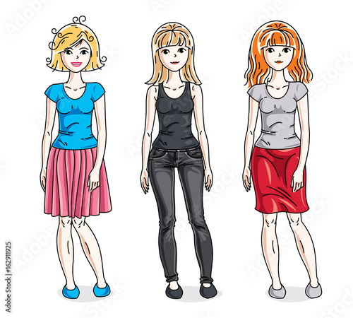 Happy pretty young women standing wearing fashionable casual clothes. Vector set of beautiful people illustrations. Fashion and lifestyle theme cartoons.