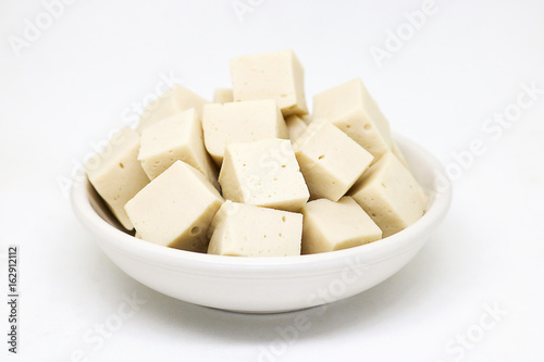 soy tofu and soybeans, Vegetarian food isolated on white background.