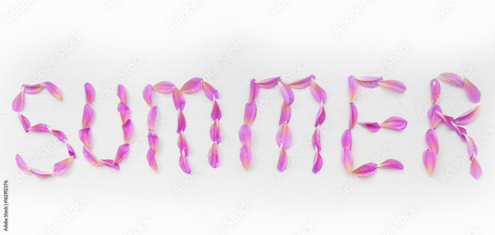 Caption word Summer on white wooden background. Summer inscription from the petals of pink flower. Word Caption word Summer on white wooden background. Summer inscription from the petals of pink flower. Word