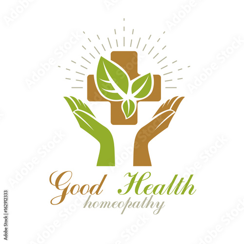 Religious Christianity cross composed with green spring leaves. Medical rehabilitation vector abstract logo, holistic medicine idea.