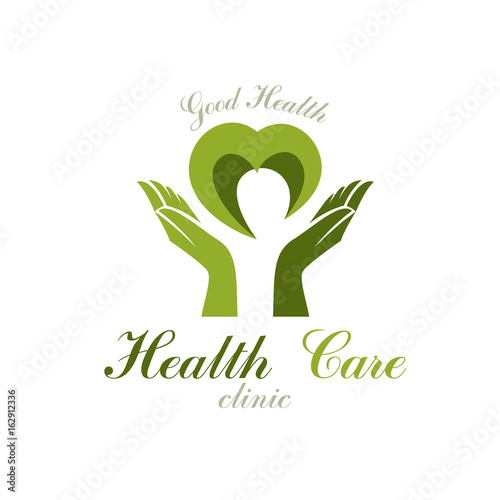 Vector heart shape composed with green leaves and caring hands. Medical rehabilitation abstract logo for use in charitable organizations.