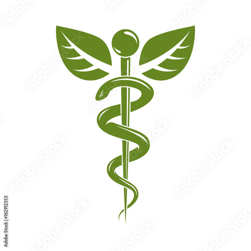 Caduceus medical symbol, graphic vector emblem for use in healthcare. Phytotherapy metaphor.