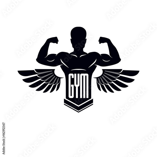 Gym and fitness logo template, retro stylized vector emblem or badge with wings. With bodybuilder silhouette.