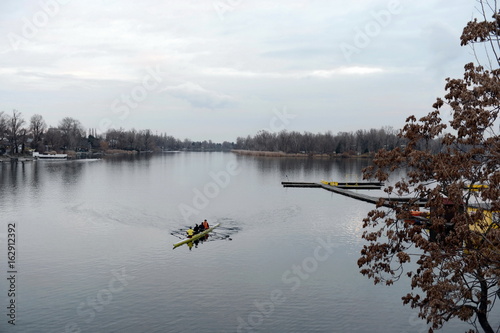 Training of rowers-canoeists on the Danube.