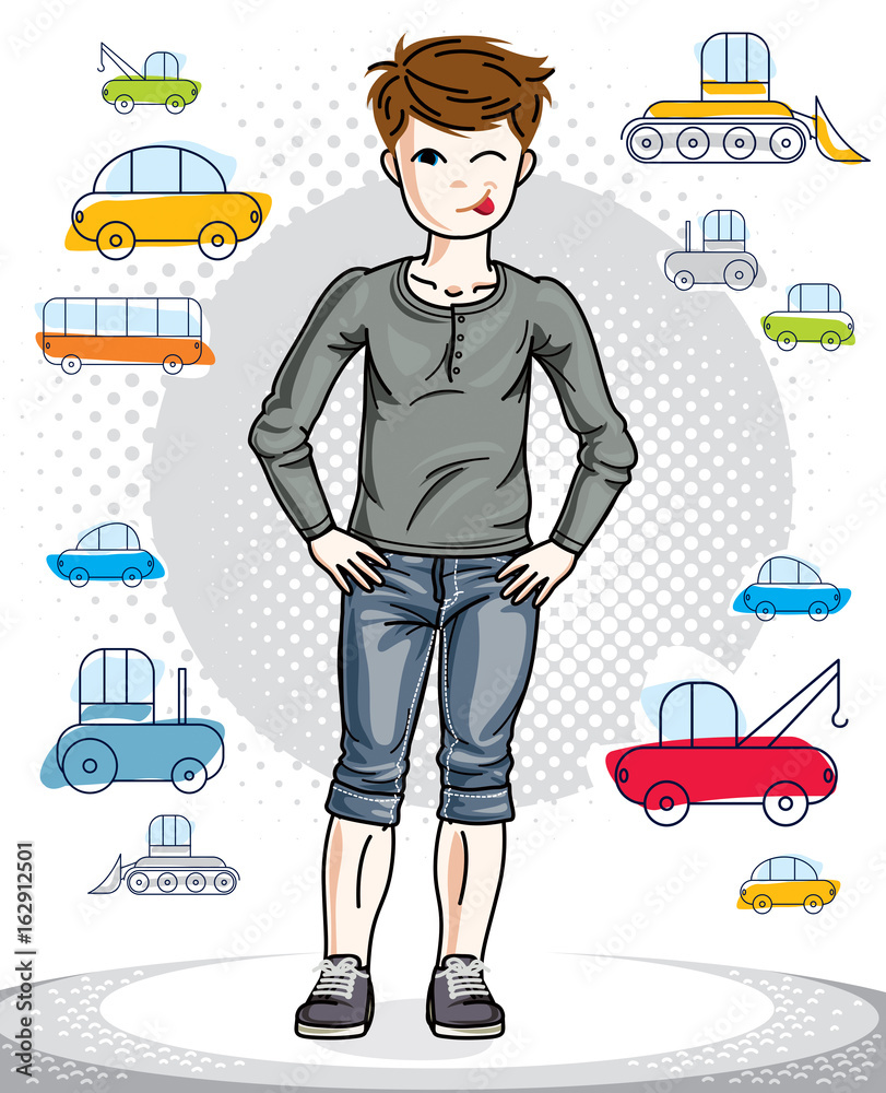 Young teen boy cute children standing in stylish casual clothes. Vector