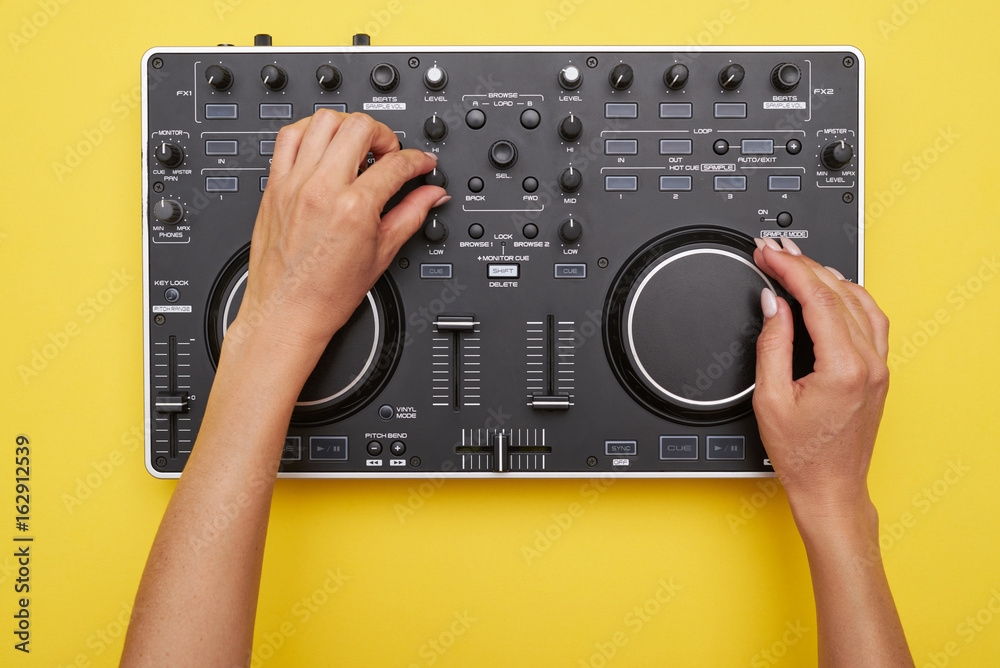 Fototapeta premium Flat layout of mixing board on background