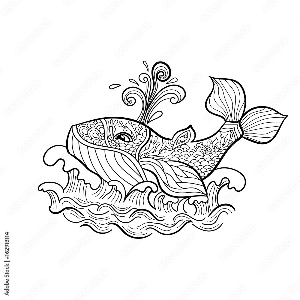 Obraz premium Vector zentangle Whale floating on the waves. Hand drawn pattern for coloring book. 