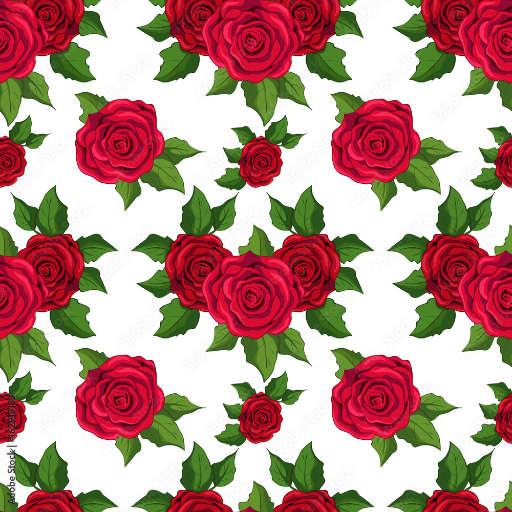 Seamless floral pattern. wallpaper with  red roses on white background. 