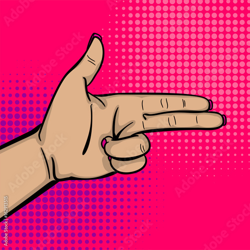 Pop art comic text cartoon cool woman knuckle hand show bang gun finger. Human girl wow ok, good poster halftone dot background. Gesture advertisement arm message. Bright color illustration.