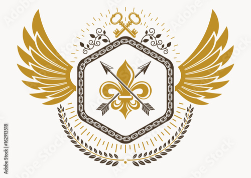 Luxury heraldic vector emblem template made using bird wings, keys and armory