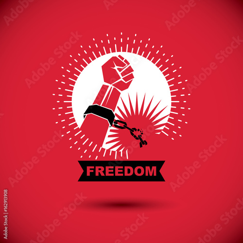 Slave red arm with clenched fist in shackles breaks the chain. Freedom for the prisoners.