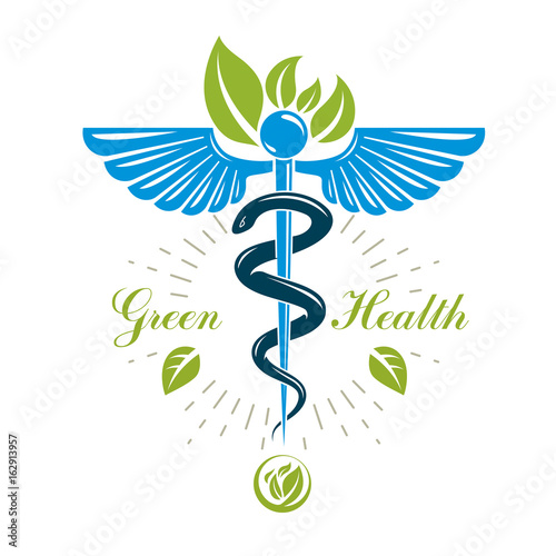 Aesculapius vector abstract logo, Caduceus symbol composed with bird wings for use in medical treatment.