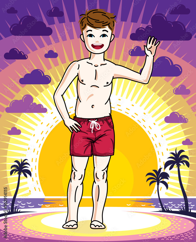 Cute happy young teen boy posing in red stylish beach shorts. Vector kid illustration. Childhood lifestyle cartoon.