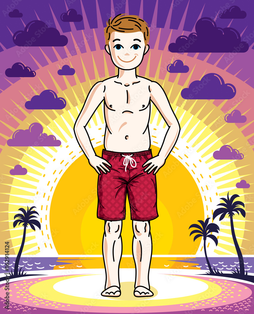 Cute happy young teen boy posing wearing fashionable beach shorts. Vector human illustration. Childhood lifestyle cartoon.