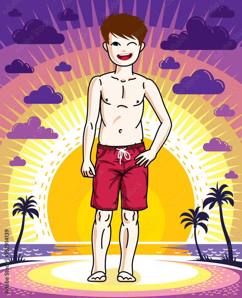 Cute little boy child standing in red stylish beach shorts. Vector beautiful human illustration. Fashion theme clipart.