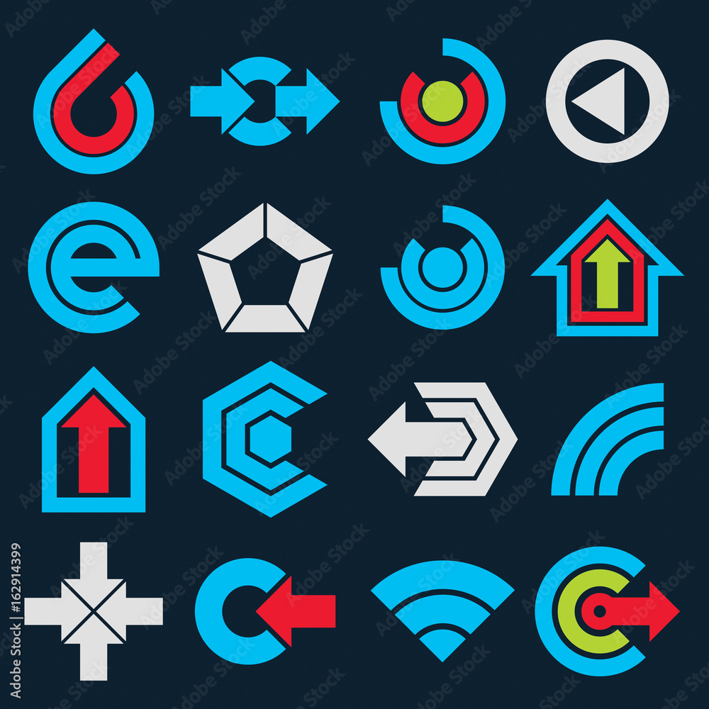Geometric Pictogram Example Geometric blue abstract vector shapes. Collection of arrows, navigation ...