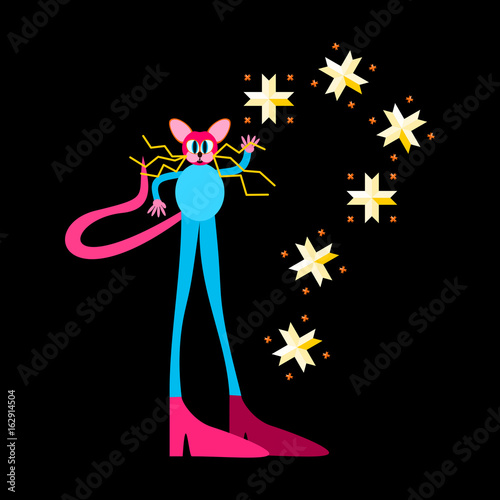 A spiky pink blue rat with long legs throwing sparks or snowflakes isolated on a black background