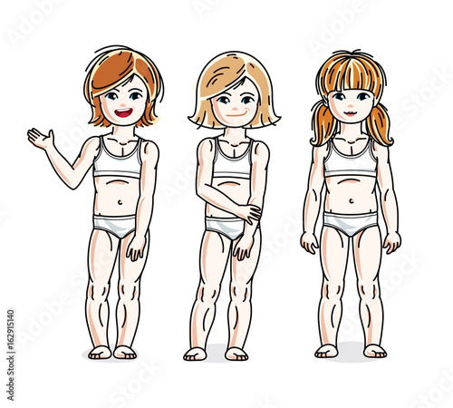 Beautiful little girls group posing in white underwear. Vector set of beautiful kids illustrations.