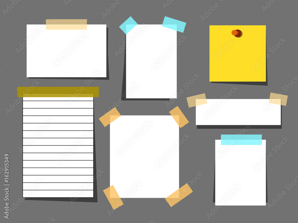 Blank paper torn page notes isolated on grey background. Collection of template paper sticker. White paper sheets with scotch tape set.Sheet page for reminder message.Vector illustration Blank paper torn page notes isolated on grey background. Collection of template paper sticker. White paper sheets with scotch tape set.Sheet page for reminder message.Vector illustration