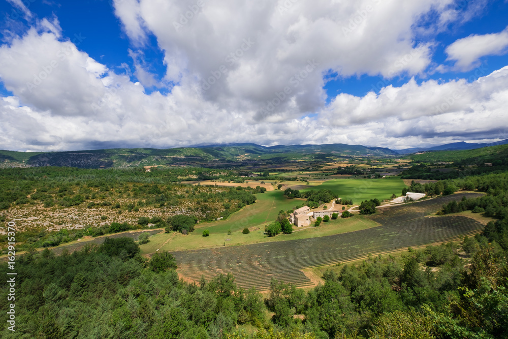 Paysage de Provence. Vue panoramique sur le Mont Ventoux et la vallée. Champs de lavande.