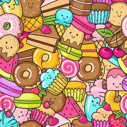 Seamless background of sweet and dessert doodle, cake, sweet donat, cookies and macaron