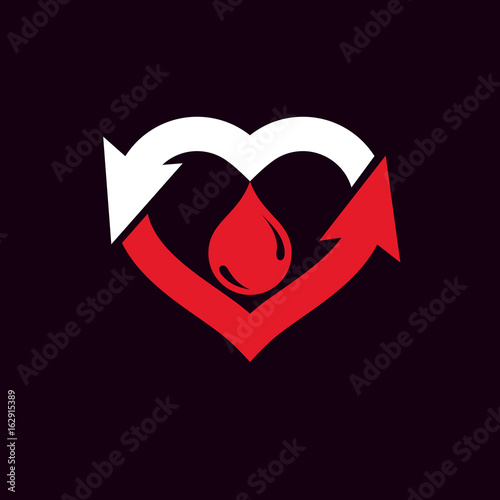 Vector illustration of heart shape with arrows and drops of blood. Cardiovascular illness treatment concept for use as cardio center emblem.