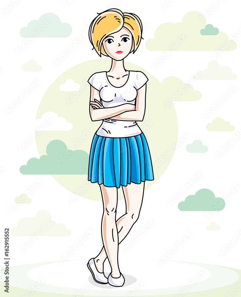 Happy young blonde woman posing on background with blue heavens clouds and wearing fashionable casual clothes. Vector attractive female illustration. Lifestyle theme cartoon.
