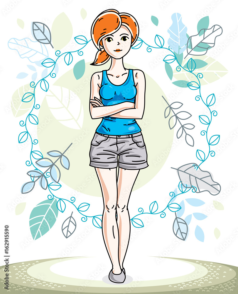 Attractive young red-haired woman posing on background of spring landscape and wearing different casual clothes. Vector nice lady illustration. Springtime theme clipart. Attractive young red-haired woman posing on background of spring landscape and wearing different casual clothes. Vector nice lady illustration. Springtime theme clipart.