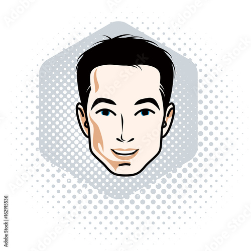 Vector illustration of handsome brunet male face, positive face features, clipart.