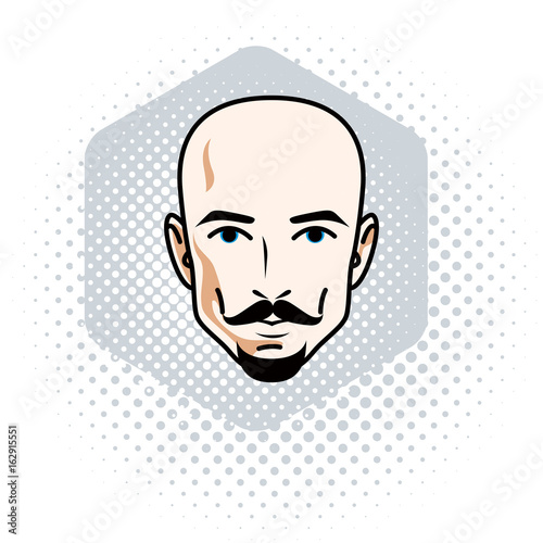 Vector illustration of handsome hairless male face with mustache and beard, positive face features, clipart.
