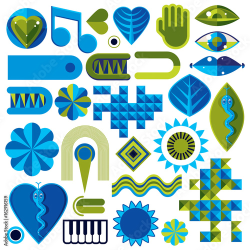 Set of different modernistic vector symbols can be used in corporate and web design. Conceptual icons collection created in nature and music theme, body and face parts. © Sylverarts