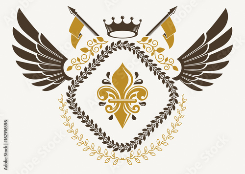Vintage winged emblem created in vector heraldic design and composed using lily flower symbol and imperial crown.
