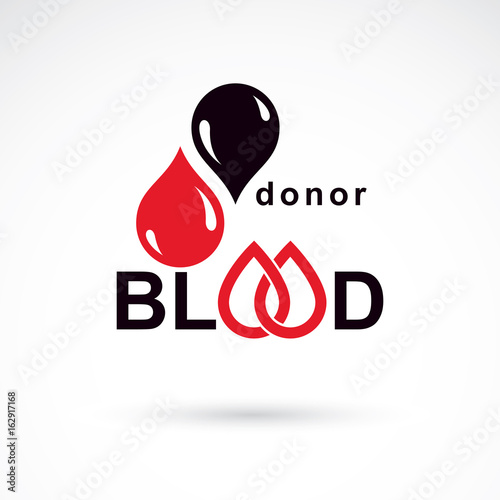 Blood donor inscription isolated on white. Vector red blood drops. Save life and donate blood. Medical care emblem.