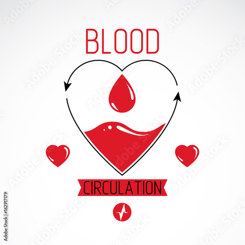 Vector illustration of heart shape full of blood composed with arrows. Cardiovascular system diseases prevention conceptual emblem for use in pharmacy.