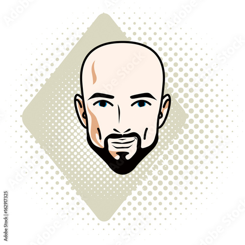 Man face, human head. Vector character wearing whiskers and beard, handsome bald male.