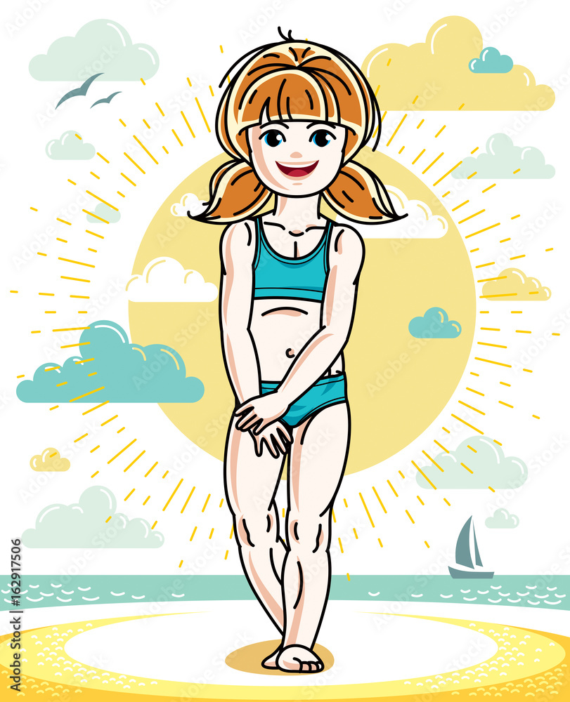 Little redhead girl cute child toddler standing on beach in colorful swimsuit. Vector pretty nice human illustration. Summertime and vacation theme.