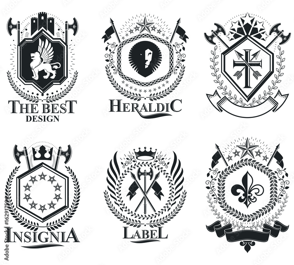 Heraldic Coat of Arms decorative emblems isolated vector illustrations. Vintage design elements collection. Heraldic Coat of Arms decorative emblems isolated vector illustrations. Vintage design elements collection.