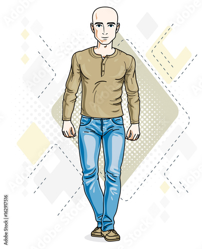 Handsome hairless young man poses on modern background. Vector illustration of male wearing jeans and sweatshirt. Lifestyle theme clipart.