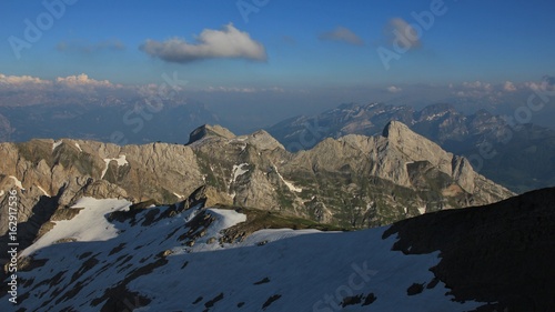 Mountains of the Alpstein Range in summer. View from Mount Santis, Switzerland.