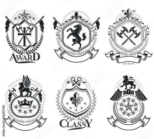 Luxury heraldic vectors emblem templates. Vector blazons. Classy high quality symbolic illustrations collection.