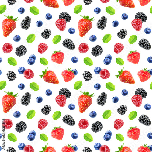 Berries pattern. Seamless background with strawberry, blackberry, raspberry and blueberry fruits isolated on white background with clipping path