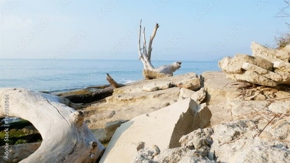 Beautiful stony coast of the Black Sea with an old dry snag. Nature video.4K, 3840*2160 Beautiful stony coast of the Black Sea with an old dry snag. Nature video.4K, 3840*2160