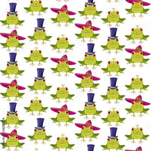 Frog in a crown, a sombrero and a top hat. Frogs in various hats. Seamless background pattern.