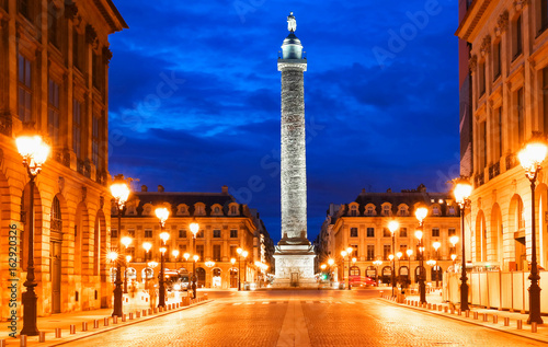 The Vendome column , the Place Vendome at night, Paris, France. photo
