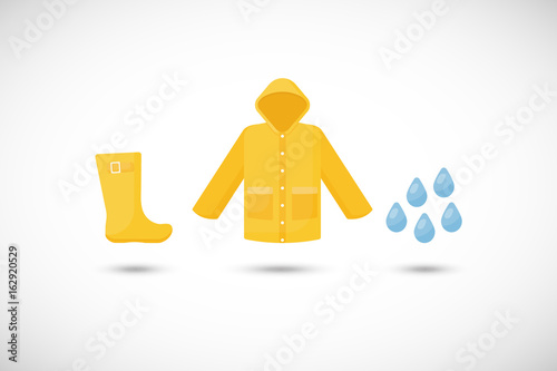 Raincoat, rainboots and rain drops vector flat icons set