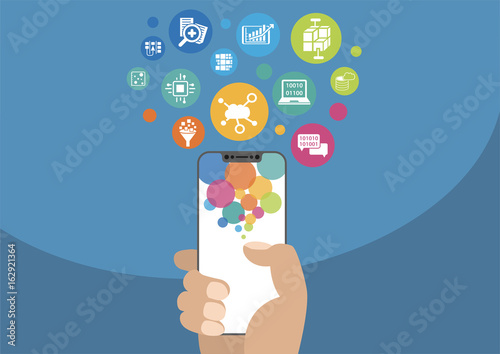 Cloud computing and mobility concept as vector illustration with hand holding modern bezel-free / frameless smartphone and icons