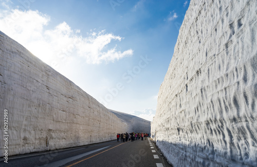 Beautiful landscape view of giant snow wall, Tateyama Kurobe Alpine Route, Japan Alps. Toyama Prefecture, Japan.