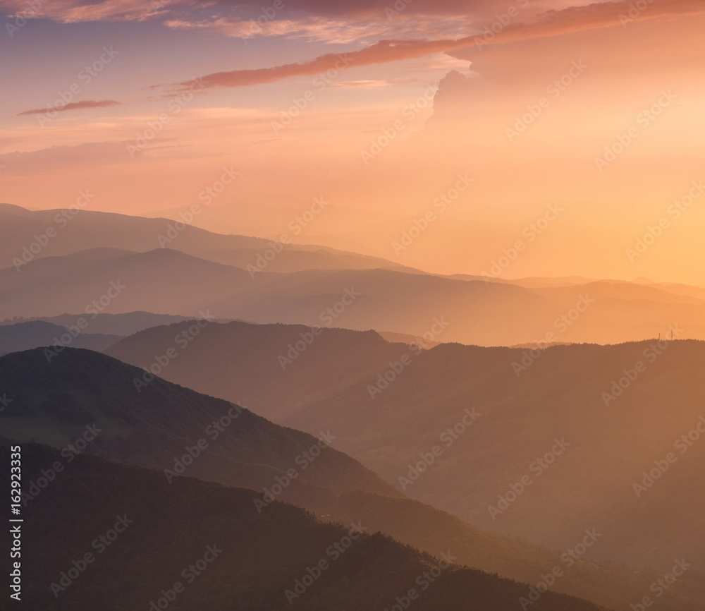 Hills lines during sunrise. Beautiful natural landscape